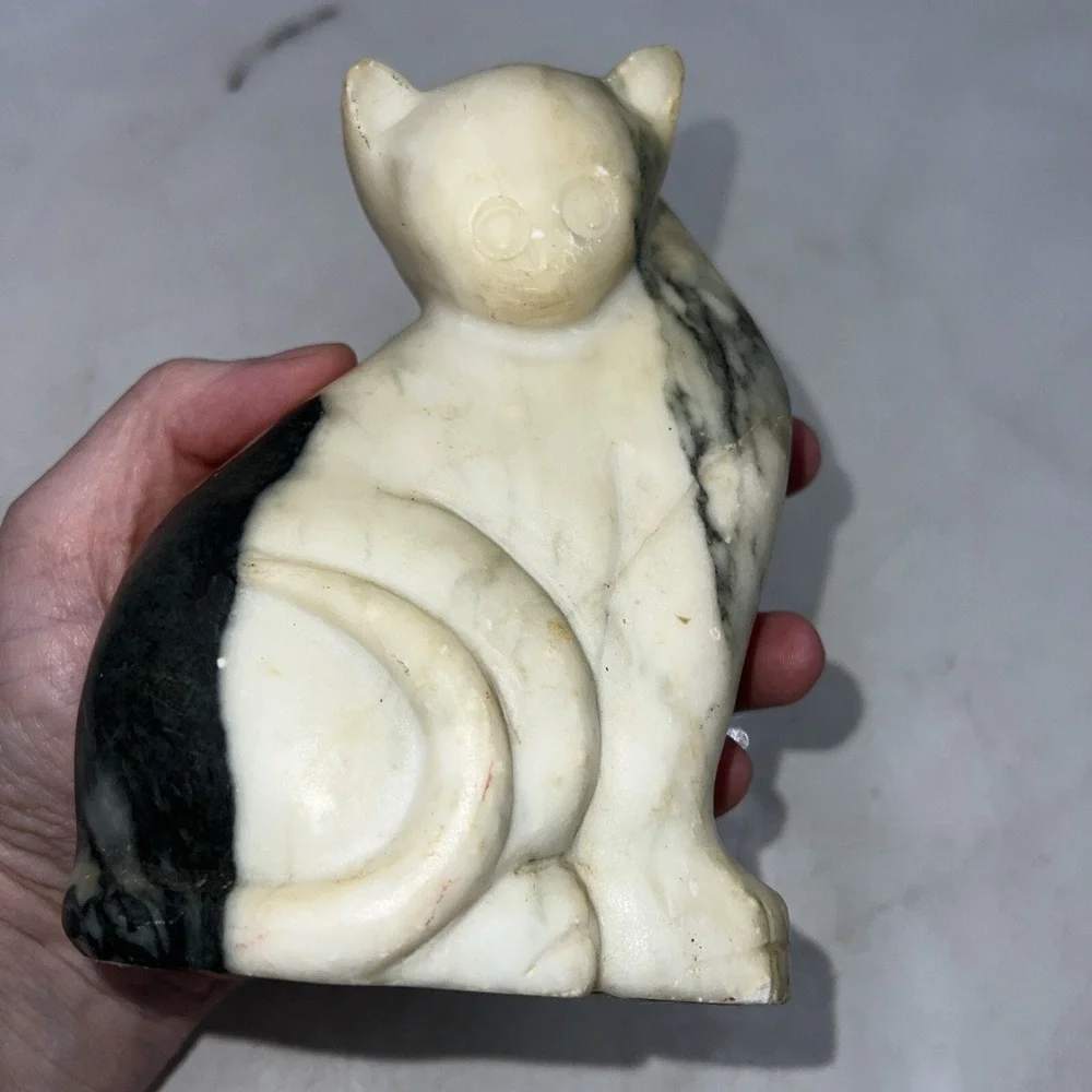 Vintage Marble Sitting Cat Kitten Figurine Sculpture Whimsical Gray and White